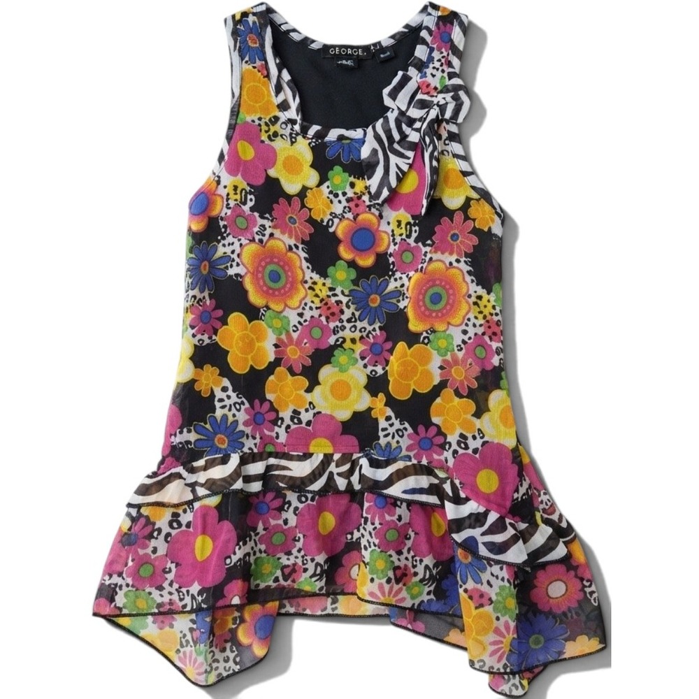 George Kids Floral Animal Print Ruffle Tunic Top Sleeveless Bow Size 4/5 XS